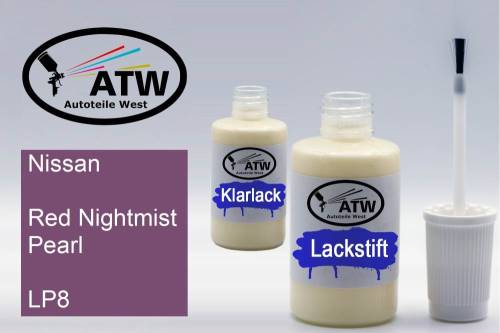 Nissan, Red Nightmist Pearl, LP8: 20ml Lackstift + 20ml Klarlack - Set, von ATW Autoteile West.